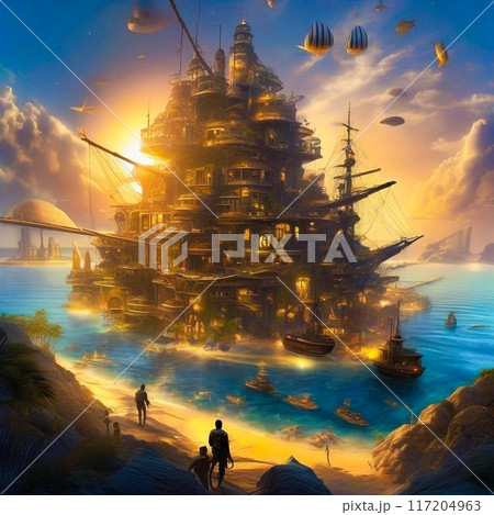 【イラスト素材】新たな船出-夕暮れに輝く水上の塔と新たな冒険の出発/井上軟太郎 117204963