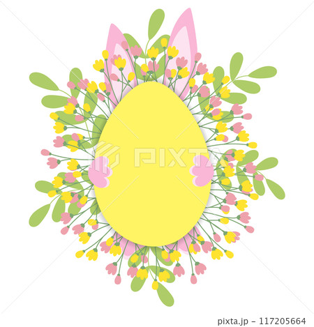 Easter frame border with twigs, flowers and bunny ears, paws behind Isolated on white. Copy space Easter frame border with twigs, flowers and bunny ears, paws behind Isolated on white. Copy space 117205664