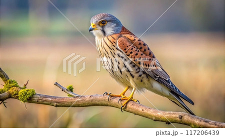 A striking kestrel perched on a bare branch, its keen eyes focused intently on the meadow below. 117206439