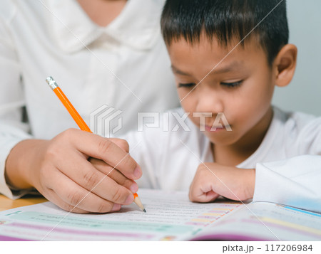 Teacher or mother helping boy writing lesson and learning to write, Education home school concept, Female tutor helping little elementary school boy with homework during individual lesson at home Teacher or mother helping boy writing lesson and learning to write, Education home school concept, Female tutor helping little elementary school boy with homework during individual lesson at home 117206984