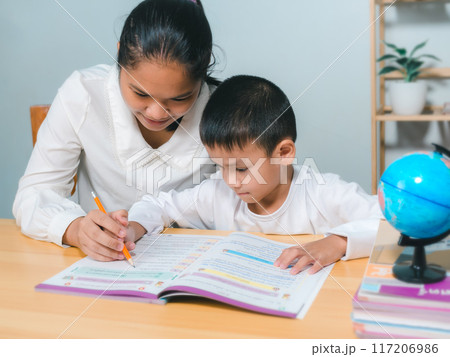Female tutor helping little elementary school boy with homework during individual lesson at home, Teacher or mother helping boy writing lesson and learning to write, Education home school concept. 117206986
