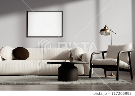 Modern Minimalist Living Room with White Sofa, Armchair, and Contemporary Decor in Natural Light Modern Minimalist Living Room with White Sofa, Armchair, and Contemporary Decor in Natural Light 117206992