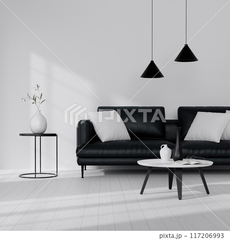 Modern Minimalist Living Room with Black Sofa, White Decor, and Pendant Lights in Bright Natural Light 117206993