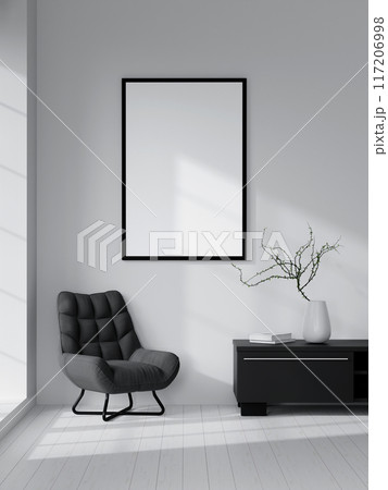 Modern Minimalist Interior with Black Armchair, Blank Frame, and Decorative Elements in Bright Sunlit Room Modern Minimalist Interior with Black Armchair, Blank Frame, and Decorative Elements in Bright Sunlit Room 117206998