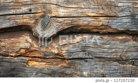 Closeup of wood with knot, showcasing its natural rustic beauty 117207230