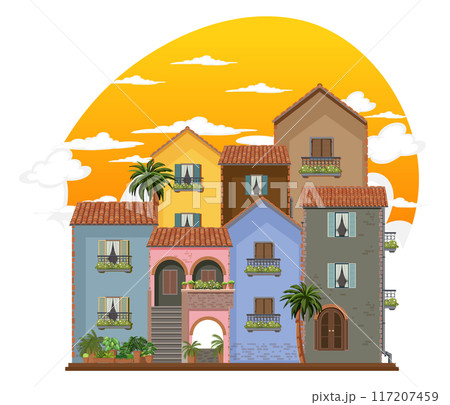 Colorful Mediterranean Buildings at Sunset Colorful Mediterranean Buildings at Sunset 117207459
