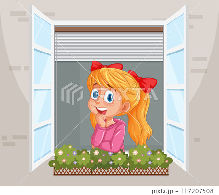 Girl Daydreaming at Window 117207508