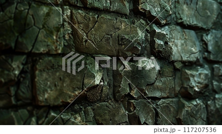 Textured Weathered Brick Wall Close-Up for Architectural Design, Background, and Stock Photography 117207536