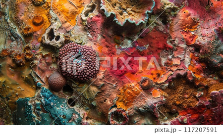 Closeup of vibrant coral reef with sponges and sea anemones 117207591