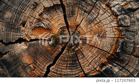 A detailed view of a tree trunk displaying the growth rings of a tree 117207603