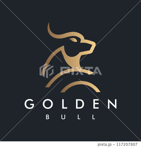 Golden Bull Bison Logo design vector template Linear Outline Style Icon Symbol design on Black background Golden Bull Bison Logo design vector template Linear Outline Style Icon Symbol design on Black background 117207807