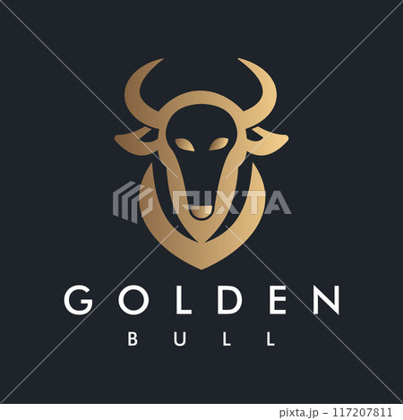 Modern and minimalist Golden Bull Head Illustration Logo on black background can be used for Finance and Investment Companies, Restaurants or Bars 117207811