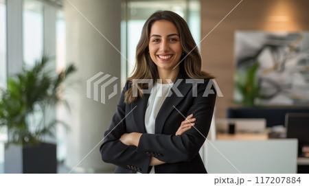 Confident Businesswoman in Modern Office, Professional, Diverse Workforce, Leadership, Corporate Environment, Stock Photography for Professional Use 117207884