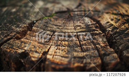 Close-Up of a Rugged Tree Stump Surface with Detailed Wood Textures for Nature-Themed Design 117207926