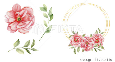 Pink blooming peony, green leaves and round frame watercolor set. Elements for wedding card, invitation, birthday party design. Floral romantic arrangements, spring flowers for mother's day 117208110