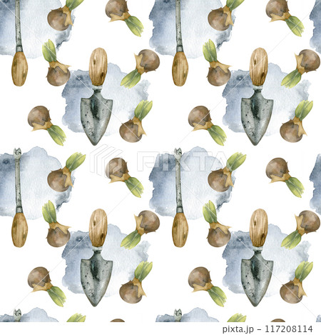Farming tools metal vintage shovel with wooden handle, toe and spring flower bulbs seamless pattern. Gardening equipment background with watercolor splashes for wrapping paper, fabric, textile design 117208114