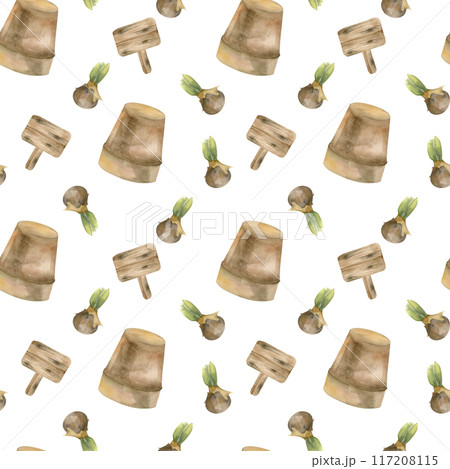 Gardening pattern with brown pot, wooden sign and spring flowers bulb. HAnd drawn nwatercolor background for farm fabric, wapping paper, flwering shop design, scrapbooking 117208115