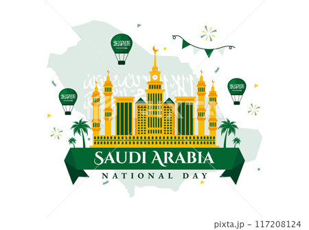 National Day of Saudi Arabia on 23rd September with Kingdom of Saudi Arabia Flag and Cityscape in Flat Background Vector Illustration 117208124