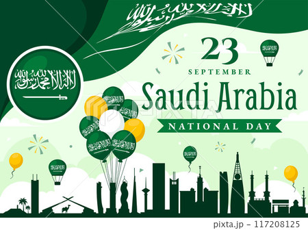 National Day of Saudi Arabia on 23rd September with Kingdom of Saudi Arabia Flag and Cityscape in Flat Background Vector Illustration National Day of Saudi Arabia on 23rd September with Kingdom of Saudi Arabia Flag and Cityscape in Flat Background Vector Illustration 117208125
