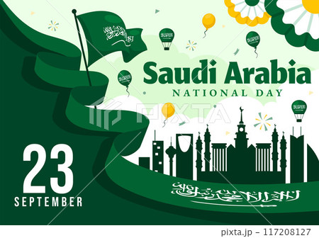 National Day of Saudi Arabia on 23rd September with Kingdom of Saudi Arabia Flag and Cityscape in Flat Background Vector Illustration 117208127