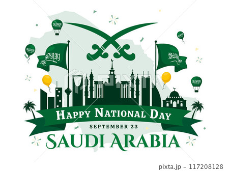 National Day of Saudi Arabia on 23rd September with Kingdom of Saudi Arabia Flag and Cityscape in Flat Background Vector Illustration National Day of Saudi Arabia on 23rd September with Kingdom of Saudi Arabia Flag and Cityscape in Flat Background Vector Illustration 117208128