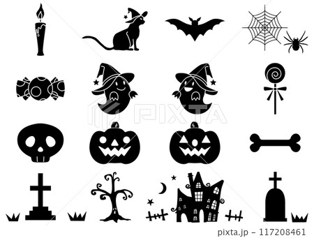 ハロウィンのシルエットイラストセット、ハロウィンのデコレーション素材 ハロウィンのシルエットイラストセット、ハロウィンのデコレーション素材 117208461