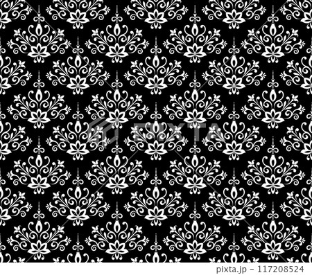 Wallpaper in the style of Baroque. Seamless vector background. White and black floral ornament. Graphic pattern for fabric, wallpaper, packaging. Ornate Damask flower ornament. 117208524