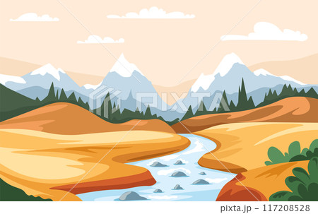 Mountain River Valley Scene vector 117208528