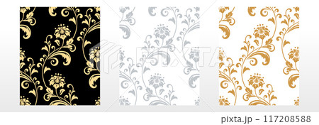 Wallpapers in the style. Seamless vector backgrounds. Set of colored floral ornaments. Graphic patterns for fabric, wallpaper, packaging. Ornate Damask flower ornaments. 117208588