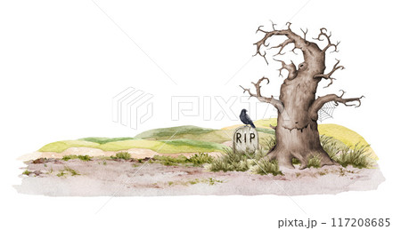 Halloween mood countryside landscape scene decor. Hand drawn old grave under a thick tree, autumn field, black raven. Halloween mood traditional scary decoration background 117208685