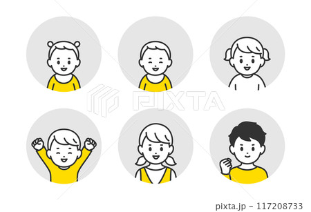 ポジティブな赤ちゃん・子どもの顔アイコンセット【人物ベクターイラスト素材】 ポジティブな赤ちゃん・子どもの顔アイコンセット【人物ベクターイラスト素材】 117208733