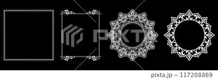 Set of decorative frames Elegant vector element for design in Eastern style, place for text. Floral black and white borders. Lace illustration for invitations and greeting cards. 117208869