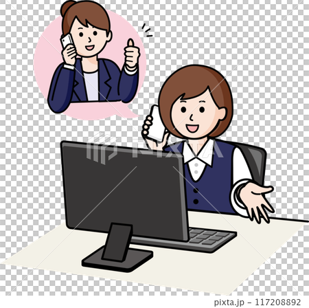 A female employee reporting to her boss by phone 117208892