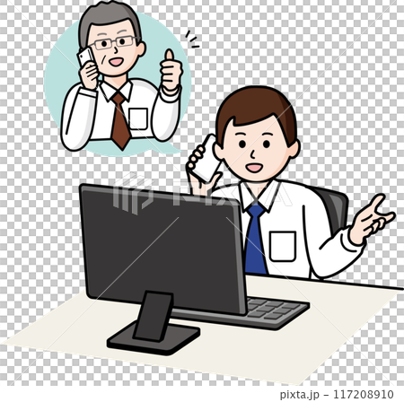 電話で上司に報告する男性社員 電話で上司に報告する男性社員 117208910