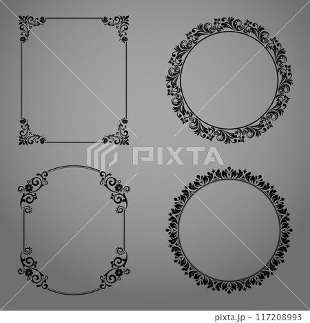 Set of decorative frames Elegant vector element for design in Eastern style, place for text. Floral black and gray borders. Lace illustration for invitations and greeting cards Set of decorative frames Elegant vector element for design in Eastern style, place for text. Floral black and gray borders. Lace illustration for invitations and greeting cards 117208993