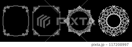 Set of decorative frames Elegant vector element for design in Eastern style, place for text. Floral black and white borders. Lace illustration for invitations and greeting cards. Set of decorative frames Elegant vector element for design in Eastern style, place for text. Floral black and white borders. Lace illustration for invitations and greeting cards. 117208997
