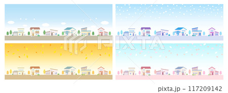 街並みのイラスト 春夏秋冬4つの季節と家が立ち並ぶ住宅地の風景 街並みのイラスト 春夏秋冬4つの季節と家が立ち並ぶ住宅地の風景 117209142