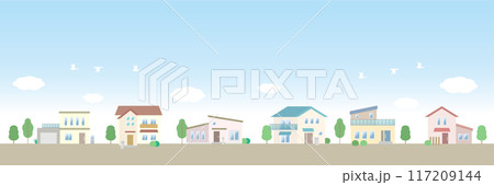 街並みのイラスト 青空と家が立ち並ぶ住宅地の風景 117209144
