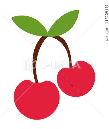 Two red cherries on the branch with leaves. Fruit flat vector illustration. Two red cherries on the branch with leaves. Fruit flat vector illustration. 117209151