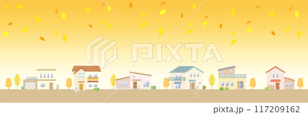 落ち葉が舞う秋の街並みのイラスト 家が立ち並ぶ住宅地の風景 落ち葉が舞う秋の街並みのイラスト 家が立ち並ぶ住宅地の風景 117209162