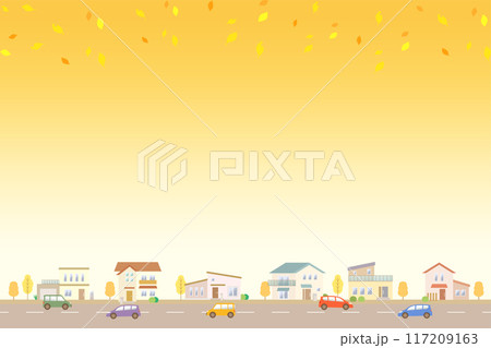 落ち葉が舞う秋の街並みのイラスト 家が立ち並ぶ住宅地の風景 117209163
