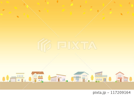 落ち葉が舞う秋の街並みのイラスト 家が立ち並ぶ住宅地の風景 落ち葉が舞う秋の街並みのイラスト 家が立ち並ぶ住宅地の風景 117209164