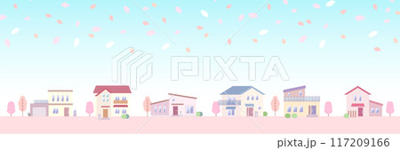 桜が舞う春の街並みのイラスト 家が立ち並ぶ住宅地の風景 桜が舞う春の街並みのイラスト 家が立ち並ぶ住宅地の風景 117209166