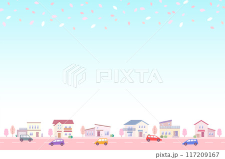 桜が舞う春の街並みのイラスト 家が立ち並ぶ住宅地の風景 117209167