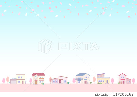 桜が舞う春の街並みのイラスト 家が立ち並ぶ住宅地の風景 117209168