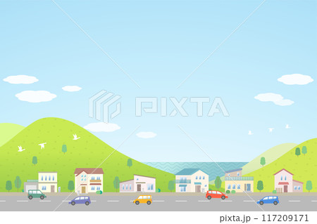 海が見える郊外の街並み風景イラスト 117209171