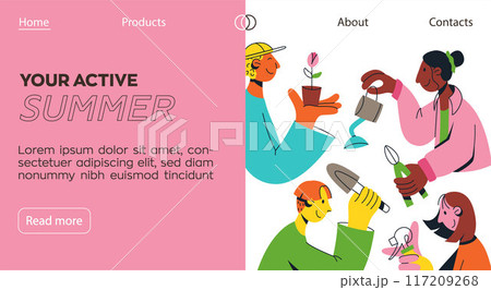 Colorful banner for website with illustration young people making coffee. Web banners. Trendy vector flat style. Color block. 117209268