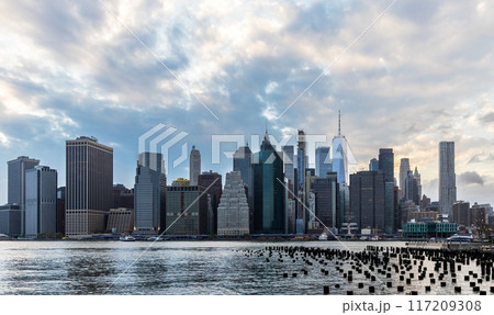 Manhattan skyline in New York at sunset 117209308