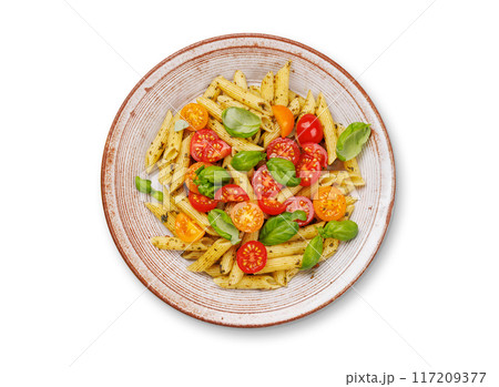 Italian pasta adorned with fresh tomatoes and aromatic basil Italian pasta adorned with fresh tomatoes and aromatic basil 117209377