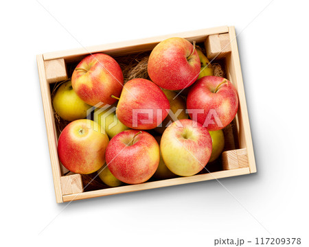 Red garden apple in wooden box Red garden apple in wooden box 117209378